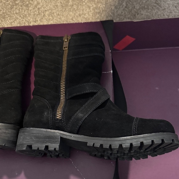 Shellys London Black Combat Boots with Gold Buckles - Picture 3 of 5